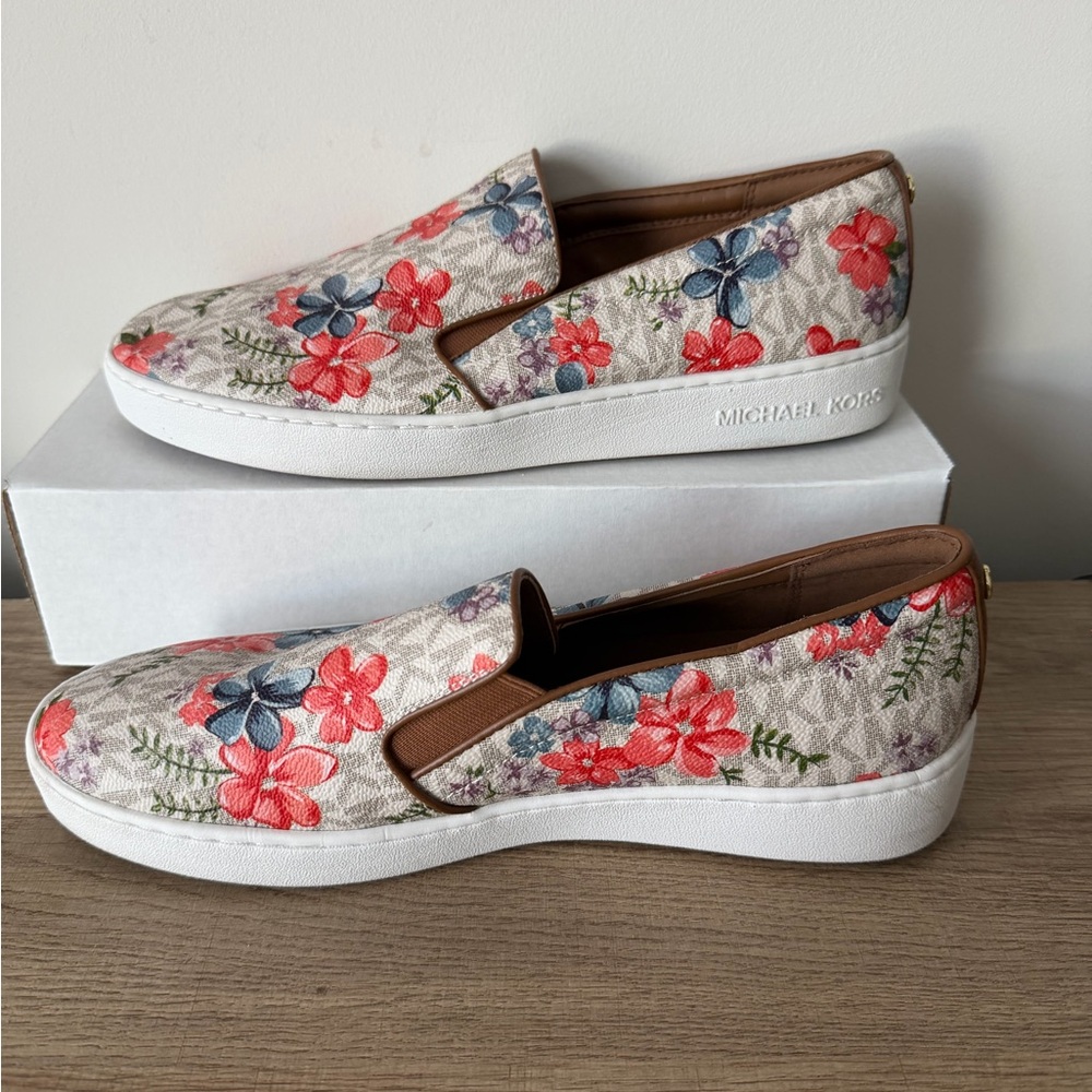 Michael Kors Floral Embroidered Slip-On Sneakers - Coral & Blue